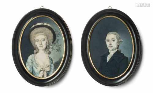 Damen- und Herrenporträt, Marquard WocherBasel, 1783. Aquarell auf Papier, oval, beide signiert, das