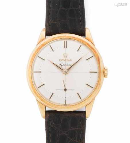 Omega GenèveRunde, mechanische Armbanduhr 1959 mit Handaufzug in 750 Gelbgoldgehäuse ca. 20 g. Boden
