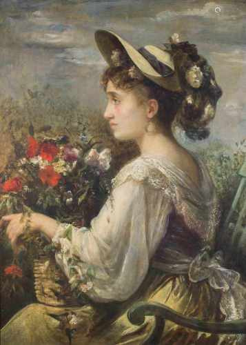 Anonym, 2. Hälfte 19. Jh.Portrait einer Frau mit Hut und Blumenkorb. Öl auf Leinwand. 92 × 67 cm.-