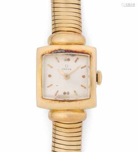 OmegaQuadratische, mechanische Armbanduhr 1944 mit Handaufzug in 750 Gelbgoldgehäuse mit Armband ca.