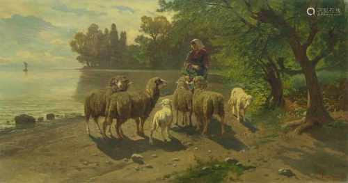Ranzoni, Gustav(Unternalb 1826–1900 Wien)Junge Hirtin mit Schafen. 1898. Öl auf Leinwand. Unten