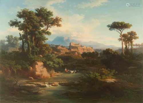 Frey, Johann Jakob(Basel 1813–1865 Frascati) Blick auf eine befestigte Kleinstadt im nördlichen