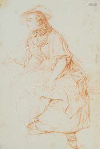 *Dunker, Balthasar Anton(Saal 1746–1807 Bern)Sitzende, junge Frau in Freudenberger Tracht.