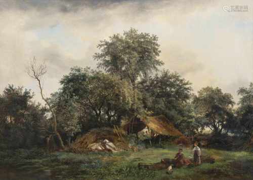Jolivard, André(Le Mans 1787–1851 Paris) Landschaft mit Bauern und Heuhaufen. 1837. Öl auf Leinwand.