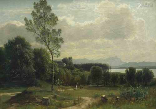 Stäbli, Adolf(Winterthur 1842–1901 München)Landschaft am See, um 1870. Öl auf Leinwand. Unten rechts