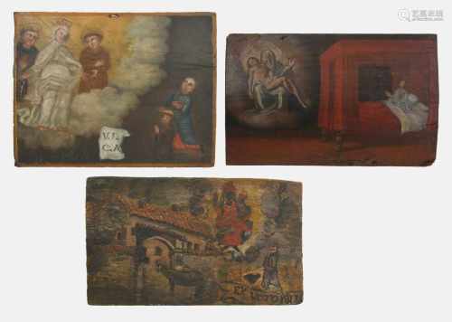Lot: 3 VotivbilderItalien, 18./19.Jh. Öl auf Holz. (1) In den Wolken Pietà. Im Krankenbett liegender