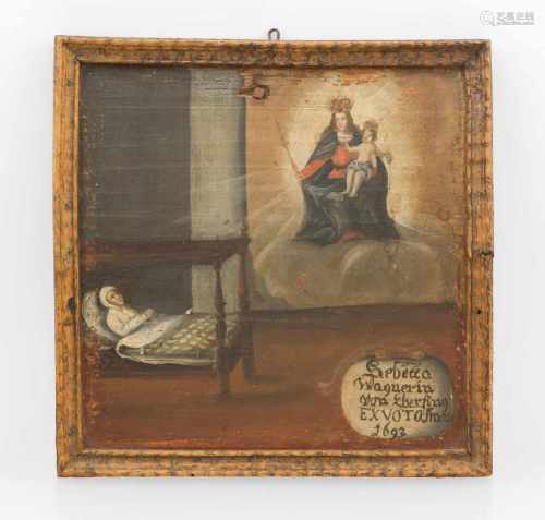 VotivbildAlpenländisch, Oberbayern, datiert 1693. Öl auf Holz. In den Wolken Maria mit Krone und