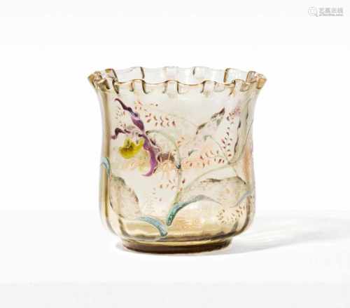 Emile GalléNancy, um 1884–1895. Vase. Braun getöntes, optisches Glas, geätzter Dekor mit