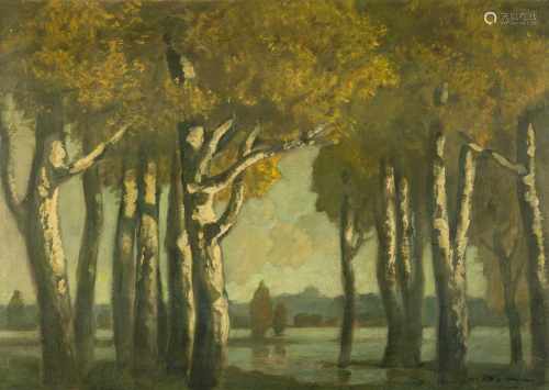 Dill, Ludwig(Gernsbach 1848–1940 Karlsruhe) Herbstliche Birken am See. Öl auf Leinwand montiert