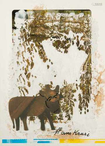 Krüsi, Hans(Speicher AR 1920–1995 St. Gallen) Kuh im Wald. Mischtechnik mit Collage. Unten rechts in
