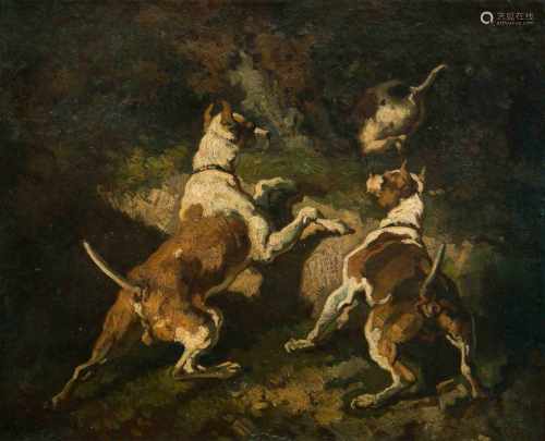 Bachelin, Auguste(Neuenburg 1830–1890 Bern) Jagdhunde bei einem Fuchsbau. Öl auf Papier über Karton.