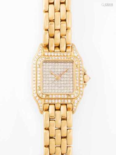 Cartier Diamant-Damenarmbanduhr1980 Jahre. Modell Panthère. Ref. 8.93800.00. 750 Gelbgold. Nr.