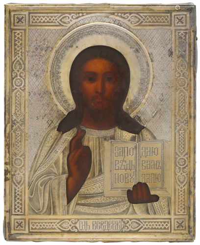 Christus Pantokrator mit SilberokladRussisch, um 1900. (1) Ikone. Tempera über Kreidegrund auf Holz.
