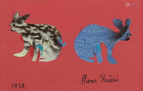 Krüsi, Hans(Speicher AR 1920–1995 St. Gallen) Zwei Hasen. 1978. Collage auf rotem Papier. Unten