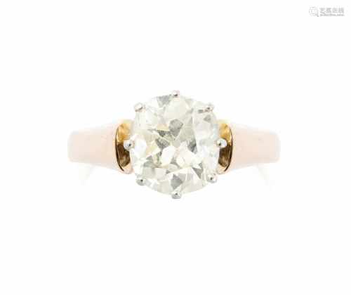 Diamant-RingAnfang 20. Jh. 750 Rotgold/950 Platin. 1 Altschliff-Diamant von ca. 2.20 ct, N/O-si. Gr.
