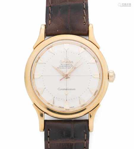 Omega ConstellationRunder, automatischer Chronometer 1956 in 750 Gelbgoldgehäuse ca 22 g. Boden
