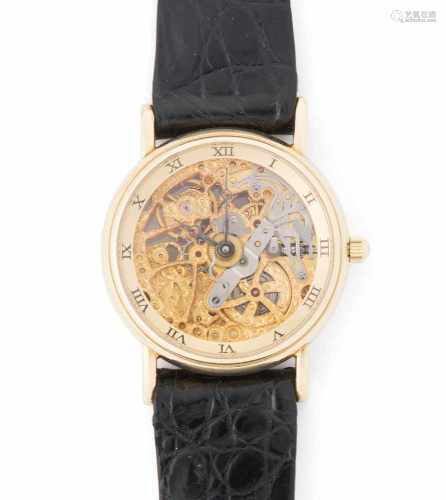 Kurt SchaffoRunde, automatische skeletierte Armbanduhr 1994 in 750 Gelbgoldgehäuse ca. 10 g. Boden