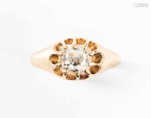 Diamant-RingEnde 19. Jh. 750 Gelbgold. 1 Altschliff-Diamant ca. 1 ct, H/I-vs/si. Gr. 51, 3,7 g.