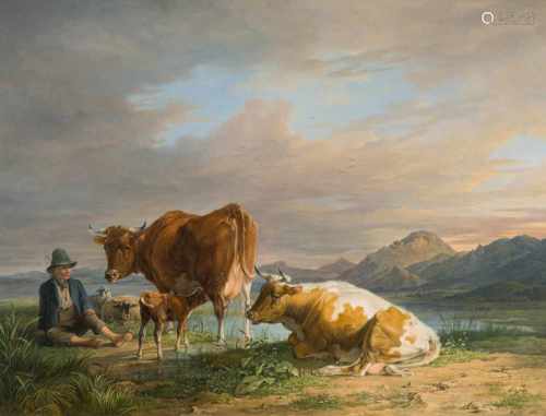 Wagenbauer, Max Joseph(Grafing 1775–1829 München) Rastender Hirte und Viehherde in einer Landschaft.