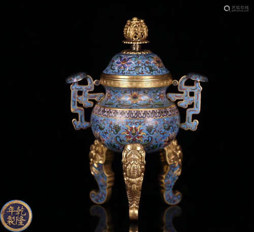 A CLOISONNE FLORAL PATTERN TRIPOD BRONZE CENSER