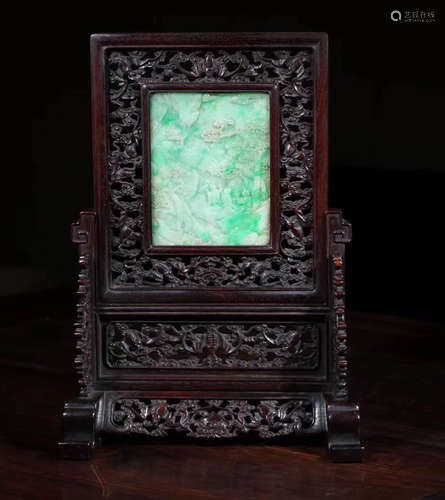 A ZITAN WOOD CARVED JADEITE DECORATED SCREED