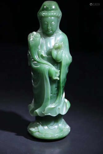 A HETIAN GREEN JADE CARVED STANDING GUANYIN BUDDHA