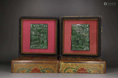 PAIR GREEN JADE CARVED SQUARE PENDANTS