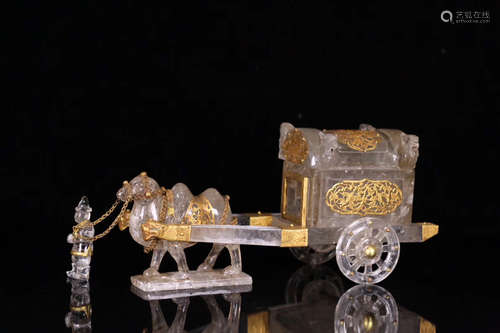 A GILT CRYSTAL CARRIAGE SHAPED SHELI BOX