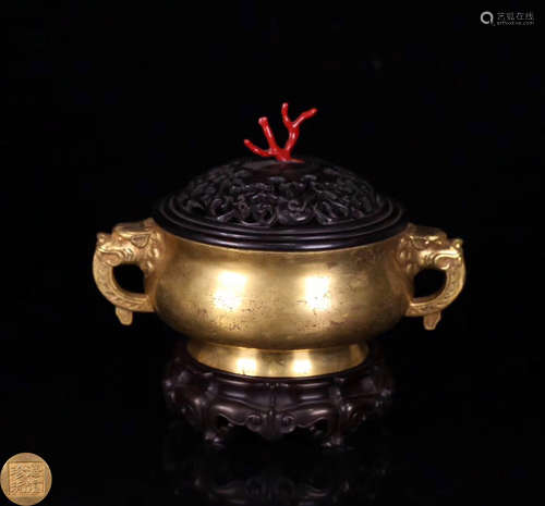 A GILT BRONZE DOUBLE EARS CENSER