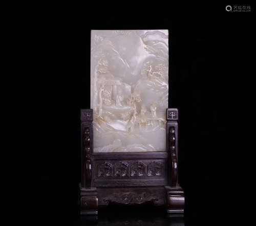 A HETIAN JADE CARVED SCREEN WITH ZITAN WOOD