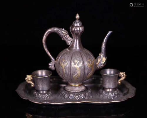 SET OF GILT SILVER MOLDED WINE POT