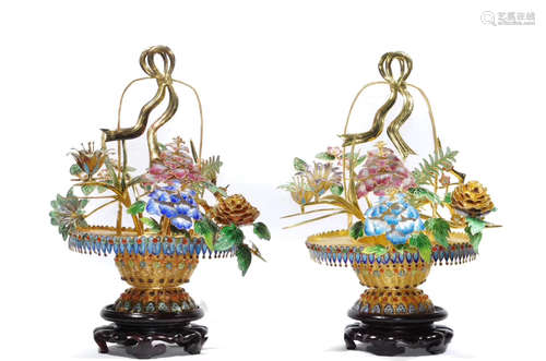 PAIR GILT SIVLER CLOISONNE FLOWER BASKET