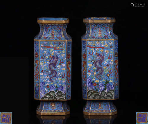 PAIR CLOISONNE DRAGON PATTERN VASES