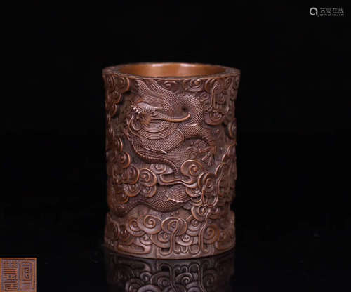 A COPPER DRAGON PATTERN BRUSH POT