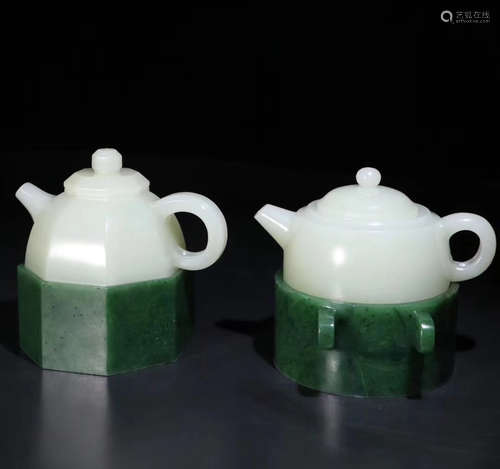 PAIR HETIAN JADE CARVED MELON SHAPED TEA POT