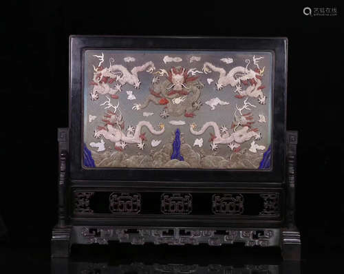 A ZITAN LACQUER WOOD CARVED DRAGON PATTERN SCREEN