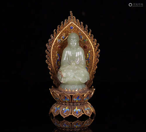 A OLD HETIAN CELADON JADE BUDDHA WITH FILIGREE