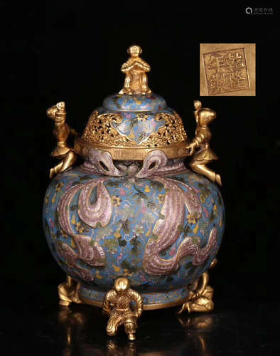 A BRONZE CASTED CLOISONNE FLORAL PATTERN CENSER