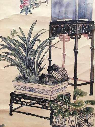 Chinese Hanging Scroll Of Potting Plants