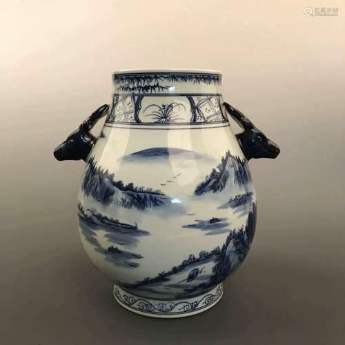 Chinese Blue and White Porcelain Vase Decorated with Deer Head