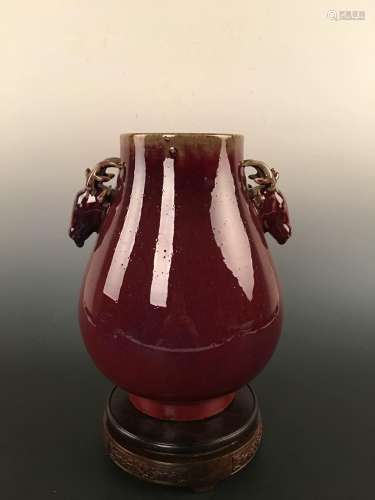 Chinese Red Glazed Vase With Deer Heads Decoration