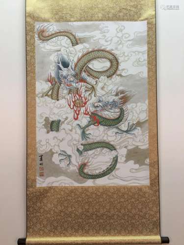 Chinese Hanging Scroll Of Dragons