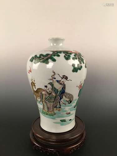 Chinese Wu Cai Plum Vase With Fu Lu Shou Figures