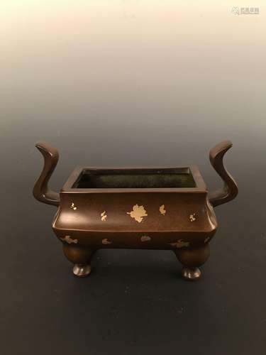 Chinese Gilt Dots Bronze Squae Censer