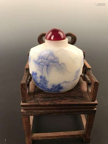 Chinese Glass Snuff Bottle With Landscape Painting And Qian Long Marker