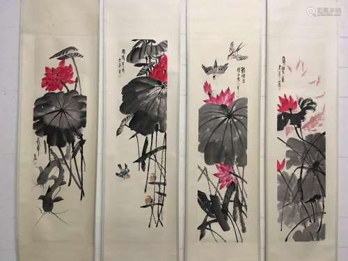 Four Hanging Scrolls Of Lotus