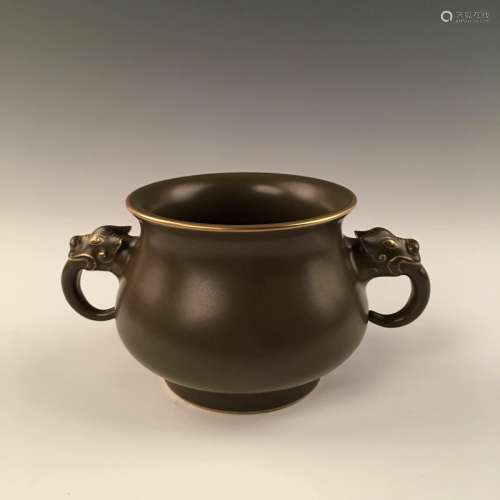 Chinese Teadust Glazed Porcelain Censer With Two Elephant-Head-Handles