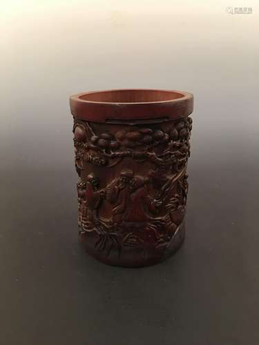 Chinese Bamboo-Made Brush Holder With Carved Figures