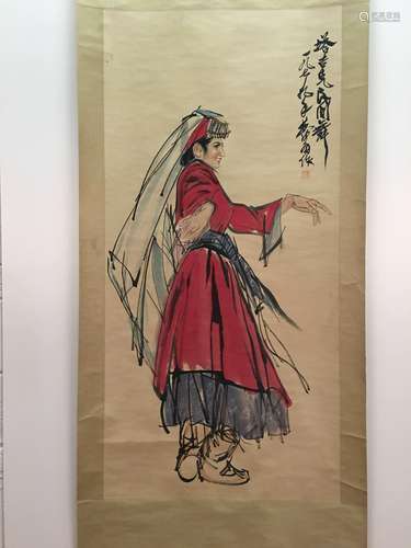 Chinese Hanging Scroll Of Dancing Lady