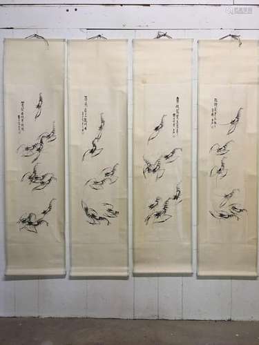 4 Hanging Scrolls of Shrimp Painting with Qi Baishi Mark